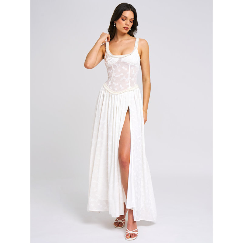 Thumbnail of Ulissa White Square Neck Jacquard Textured High Slit Maxi Dress image
