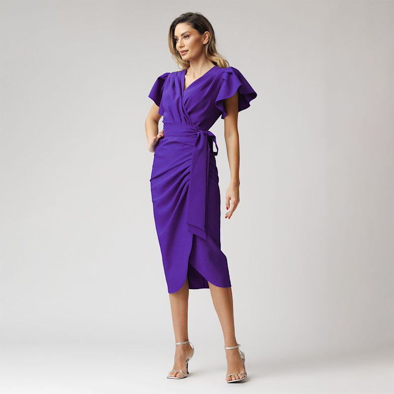 Thumbnail of Ultra Violet Wrap Cocktail Dress With Wing Sleeves & Ruffles image