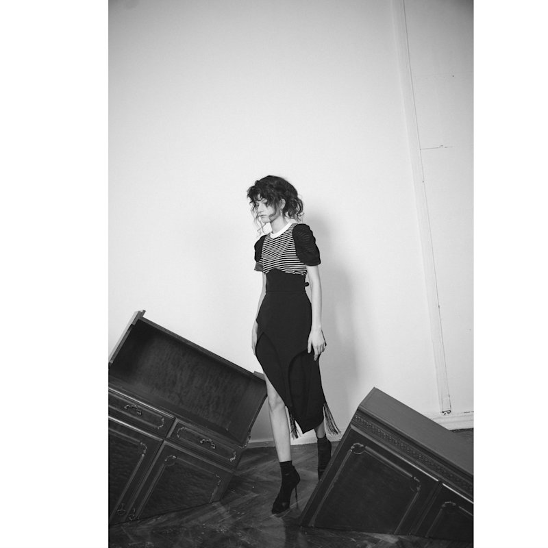 Thumbnail of Unique Asymmetric Draped Skirt With Fringe Black image