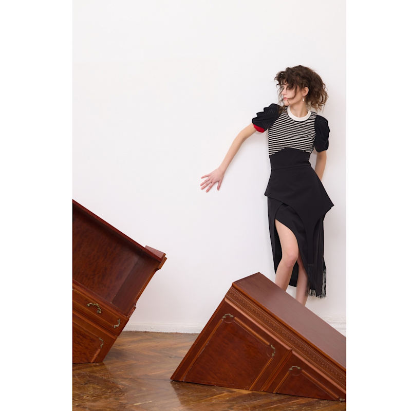 Thumbnail of Unique Asymmetric Draped Skirt With Fringe Black image