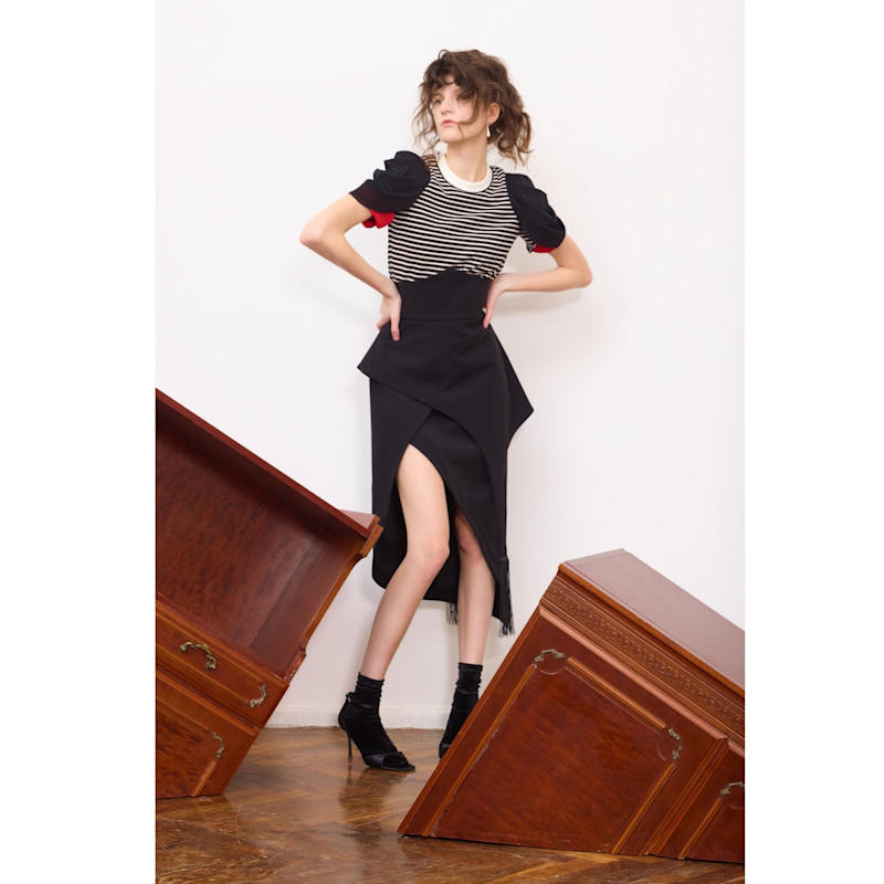 Thumbnail of Unique Asymmetric Draped Skirt With Fringe Black image