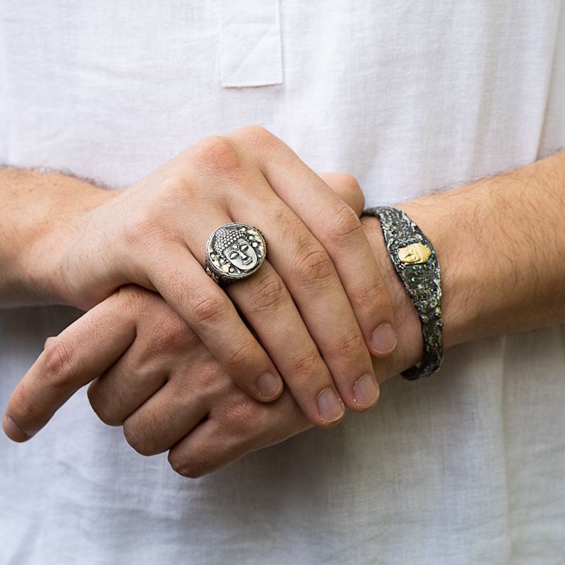 Thumbnail of Unique Gold And Diamond Buddha Ring - Silver image