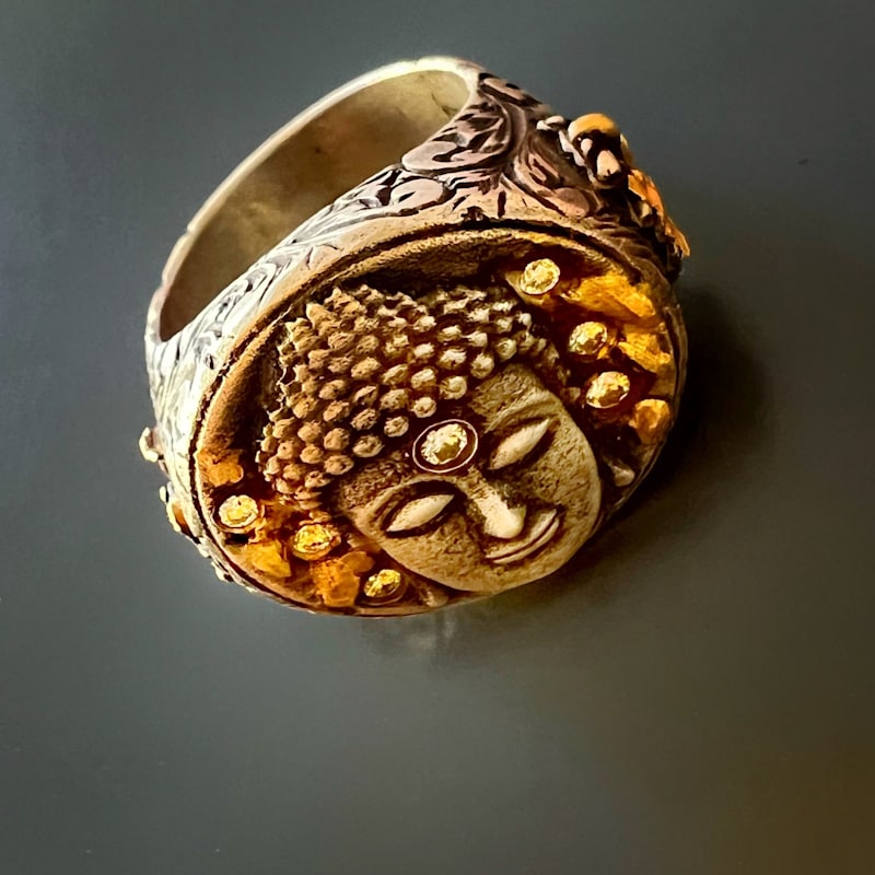 Thumbnail of Unique Gold And Diamond Buddha Ring - Silver image