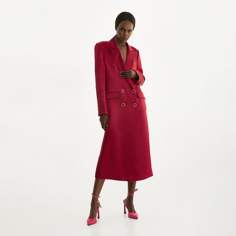 【Lou Andrea】Belted Coat Belted Midi Trench Coat In Red Satin Blend | LITA COUTURE | Wolf