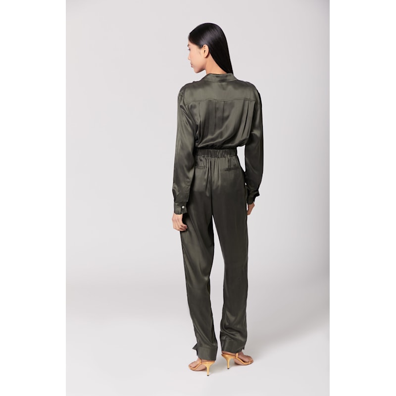 Premium Silk Utility Jumpsuit Romper Long - Olive Green