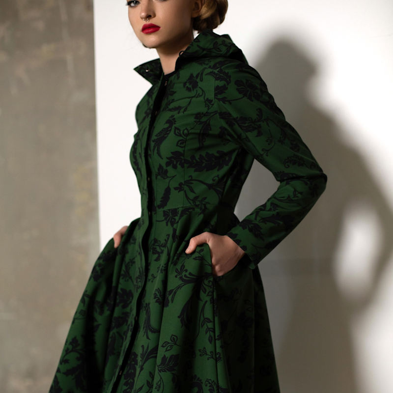 Thumbnail of Dark Green Hooded Waterproof Coat For Women: Forest Flower image