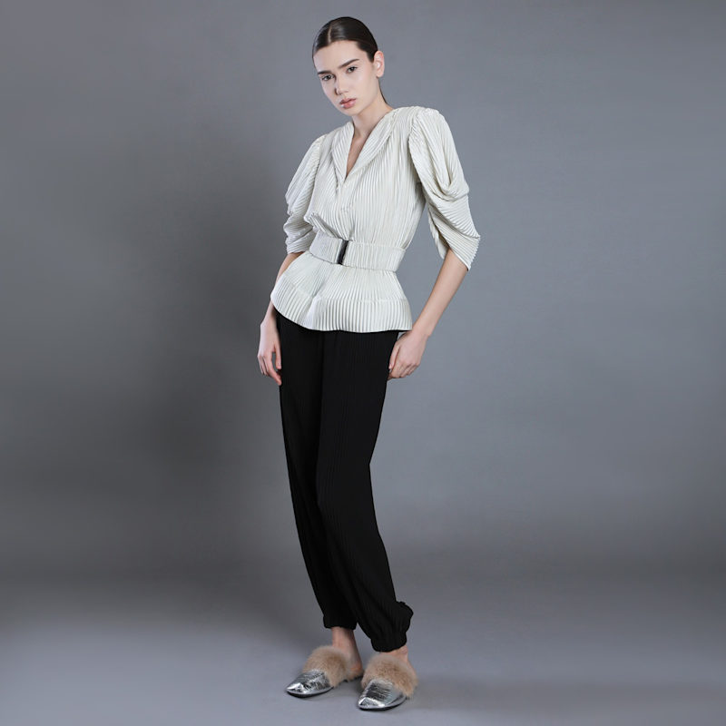 Thumbnail of V-Neck Pleated Ivory Satin Blouse image
