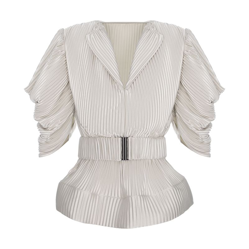 Thumbnail of V-Neck Pleated Ivory Satin Blouse image