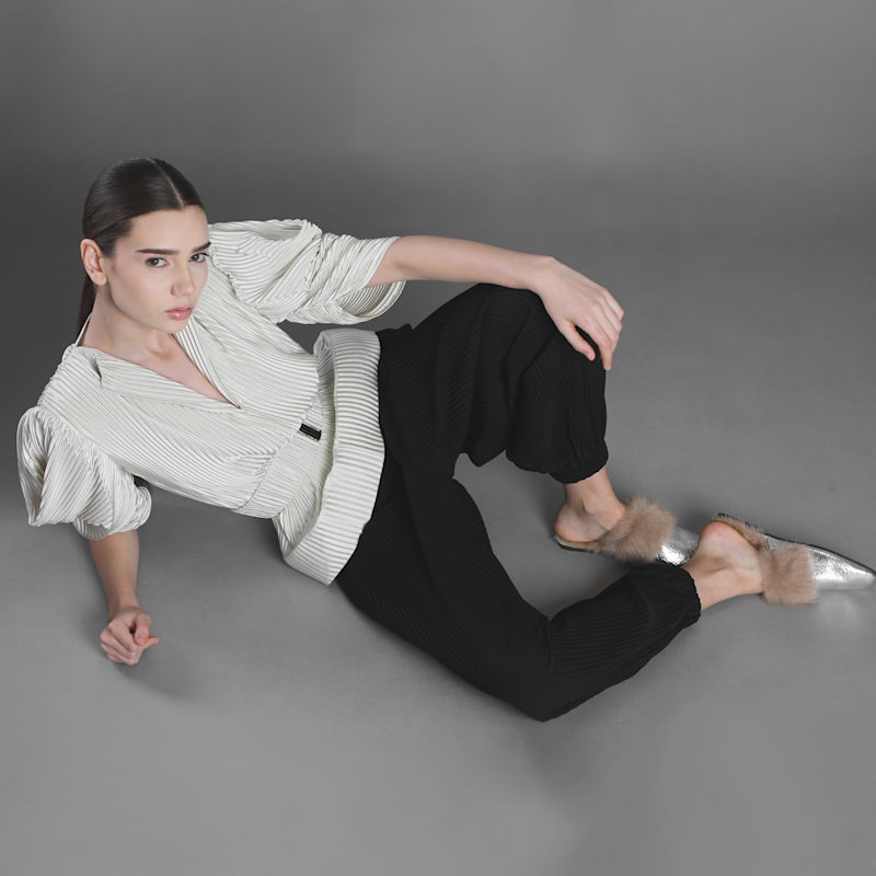 Thumbnail of V-Neck Pleated Ivory Satin Blouse image