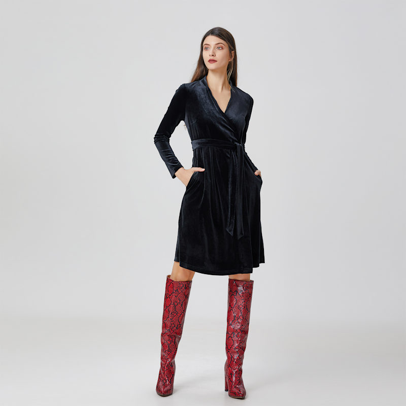 Thumbnail of V Neckline Wrap Velvet Dress - Black image