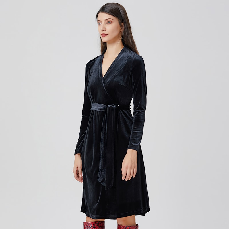 Thumbnail of V Neckline Wrap Velvet Dress - Black image