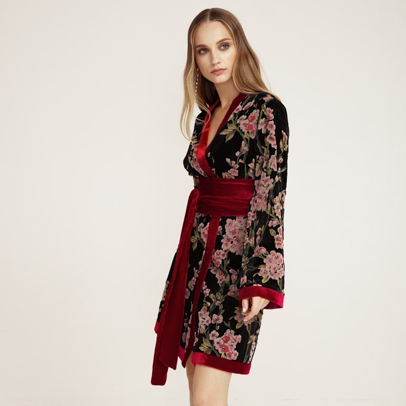 Thumbnail of Kimono Floral Print Dress In Velvet Silk image