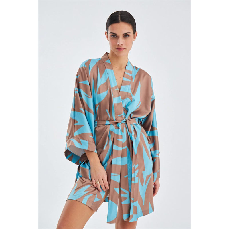 Thumbnail of Kalinda Satin Short Kimono - Turquoise/Brown image