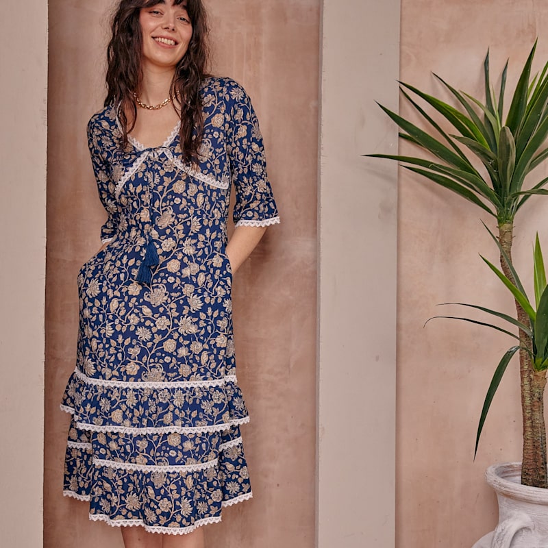 Thumbnail of Navy Floral Block Print Cotton Dress image