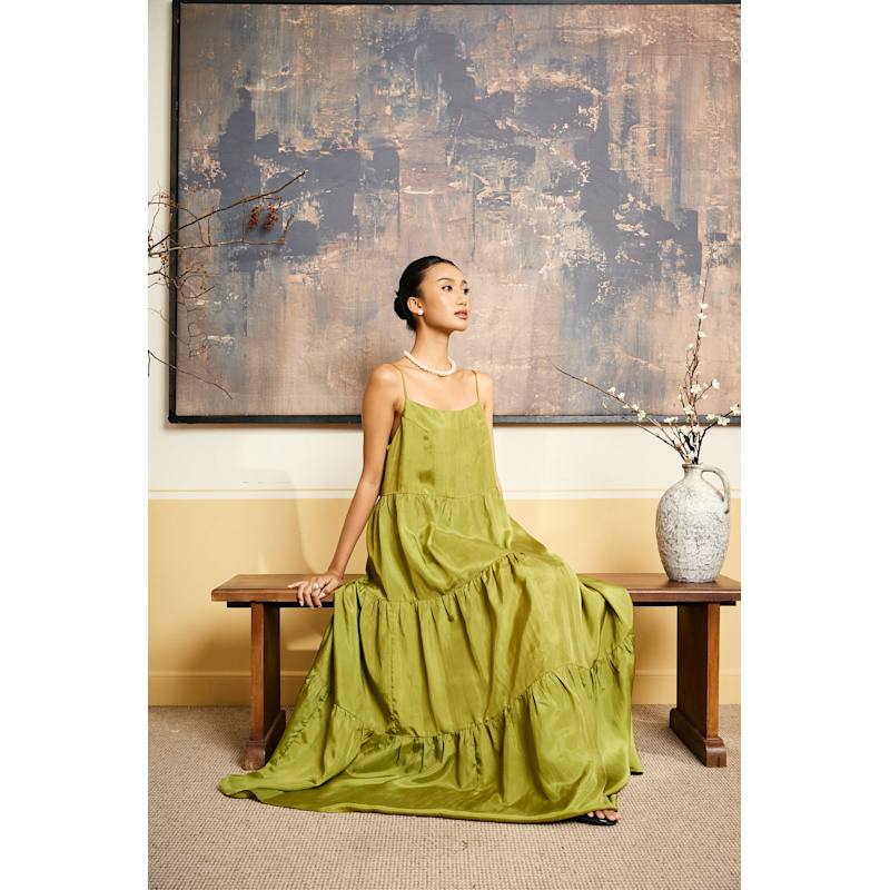 Thumbnail of Valentina Olive Gold - Habotai Silk Tiered Maxi Dress image
