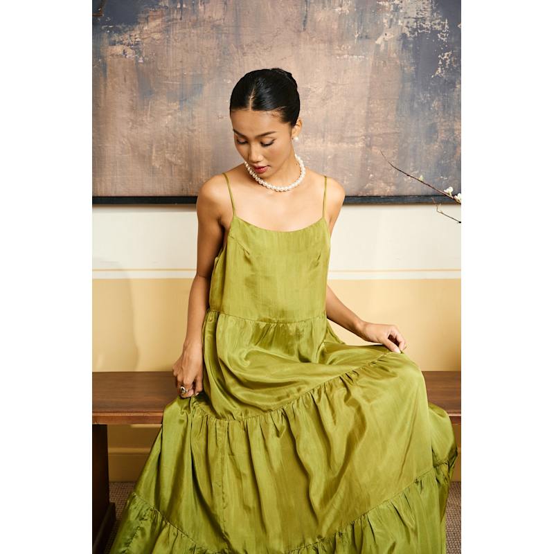 Thumbnail of Valentina Olive Gold - Habotai Silk Tiered Maxi Dress image