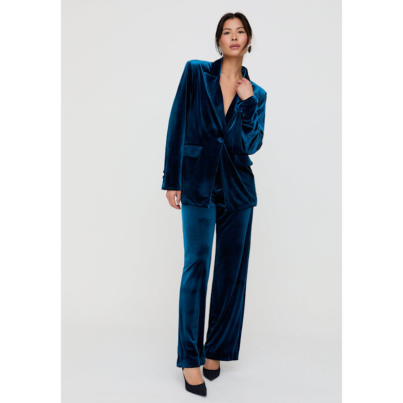 Thumbnail of Valerie Straight Leg Velvet Trouser In Teal Blue image