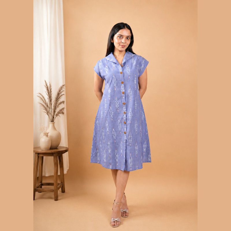 Vanya - Blue Ikkat Cotton Midi Shirt Dress | House of GL