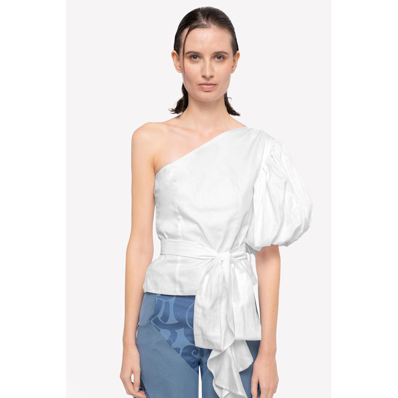 Thumbnail of Asymmetrical Puffy Sleeve Top Women - White image