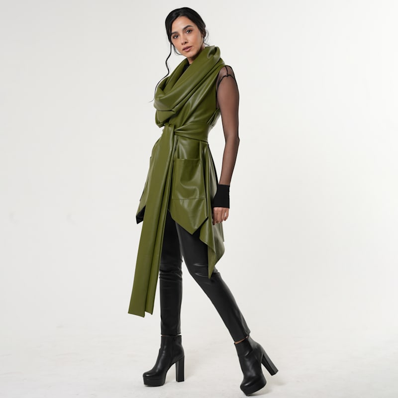 Vegan Leather Vest With Belt In Green | Metamorphoza | Wolf & Badger