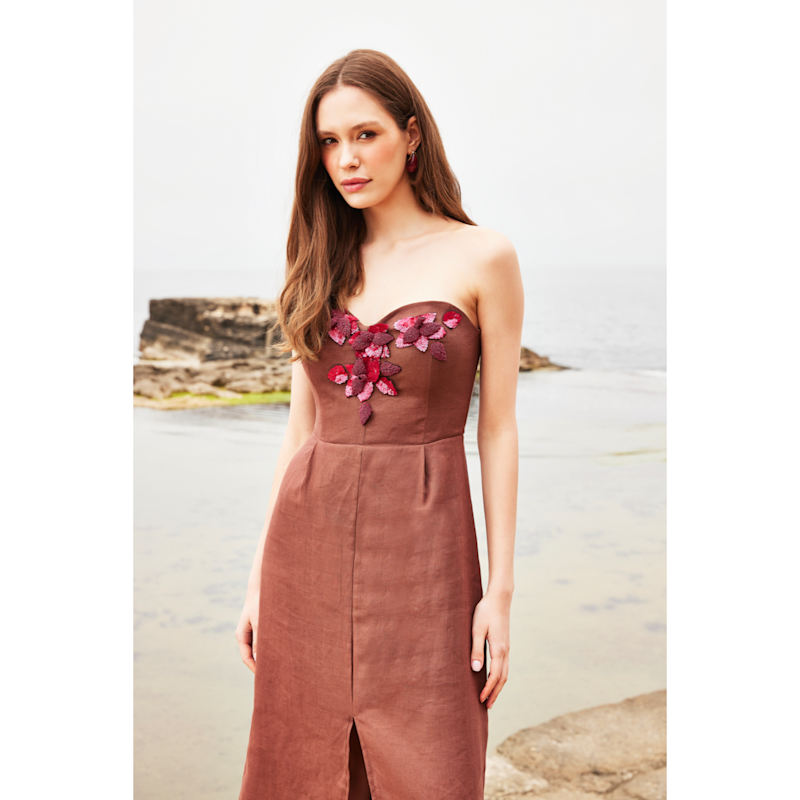 knee length dresses for ladies Cary Folded Strapless Crepe Midi Dress / Wine | Meshki main image 1
