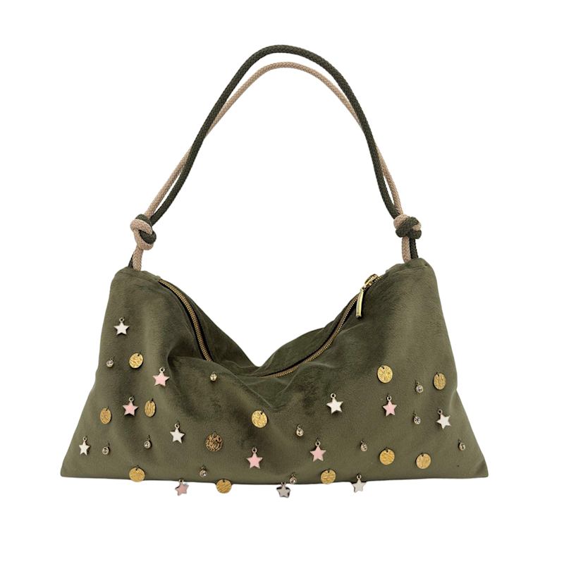 Thumbnail of Velvet Bag With Charms | Olive Green| Handmade image