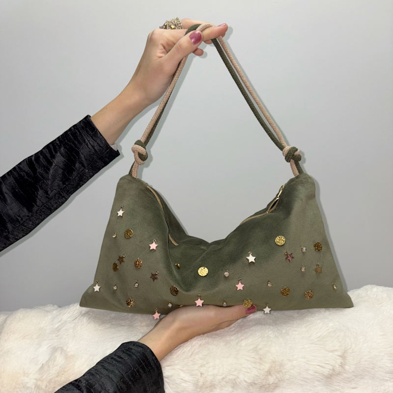 Thumbnail of Velvet Bag With Charms | Olive Green| Handmade image