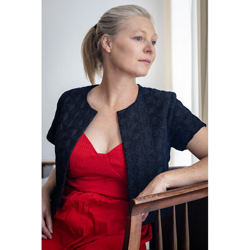 Thumbnail of Velvet Navy Blue Crop Coat With Metallic Thread Embroidery - Bolero Statement Jacket image