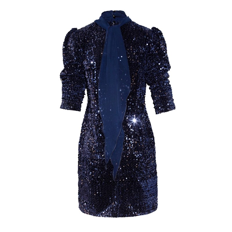 Otthie Sequin Velvet Mini Dress With Chiffon Sash - Blue