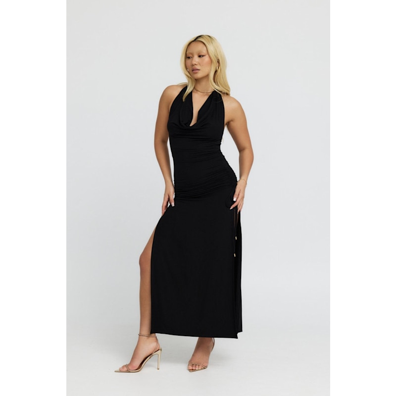 Venus Cowl Neck Halter Bamboo Jersey Maxi Dress in Black M