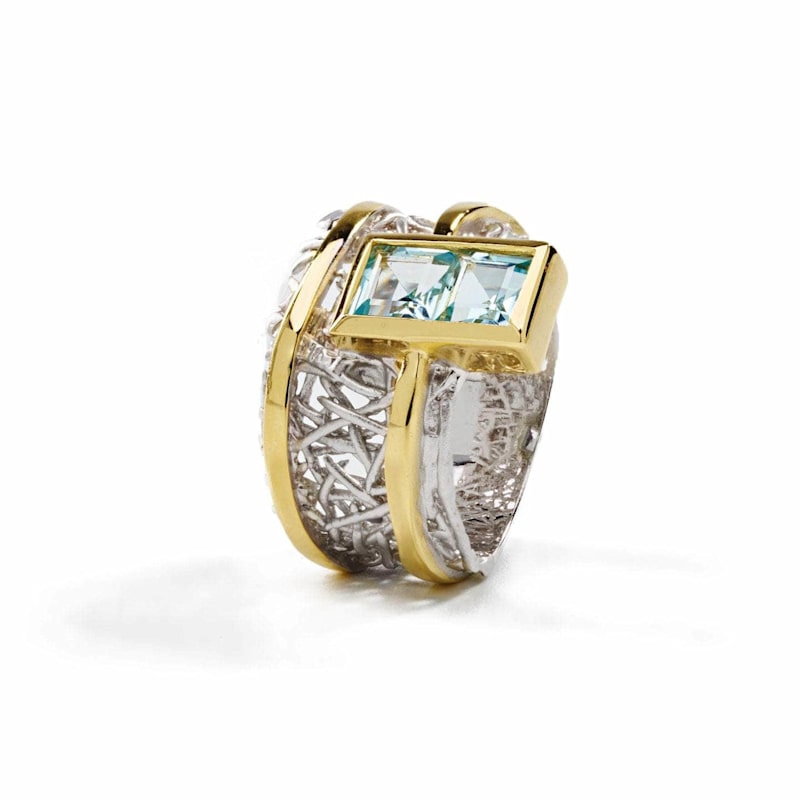 Thumbnail of Verina Rhodium And Gold Plated Silver Ring With Princess Cut Blue Topaz image