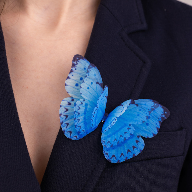 Thumbnail of Versatile Large Blue Silk Butterfly Brooch Pin With Silver Pin image