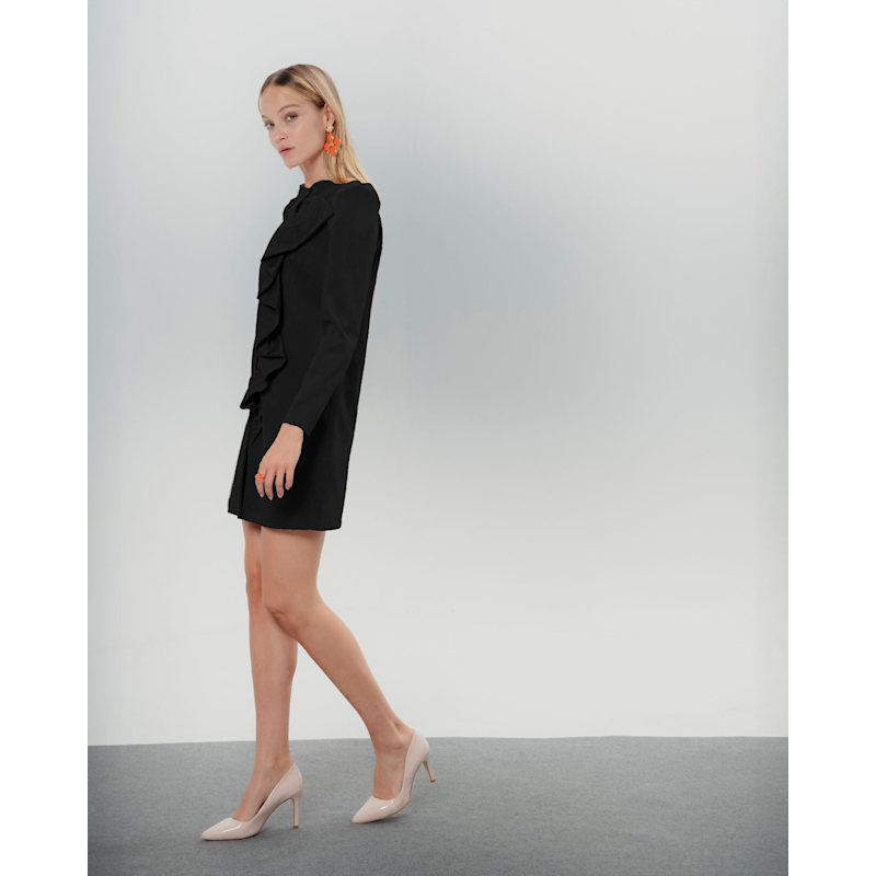 short black frill dress Women Elegant Ruffle Hem Knit Mini Dress Long Sleeve Contrast Color  Patchwork Bodycon Short Sweater Dress Fall Black L
