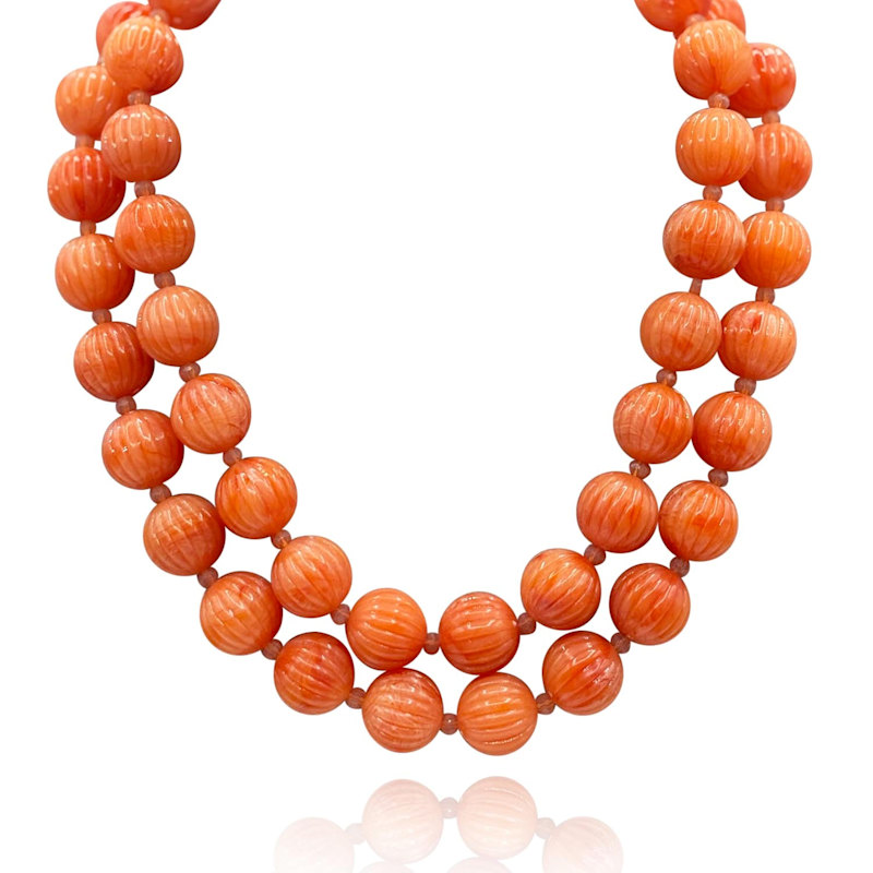 Thumbnail of Vicenza Coral Resin Carved Seventeen And Half Inches Melon Bead Necklace image