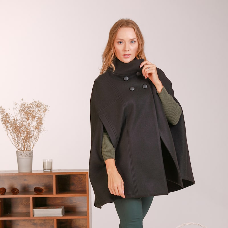 Thumbnail of Wool Military Pea Coat With Front Buttons & High Neck In Black image