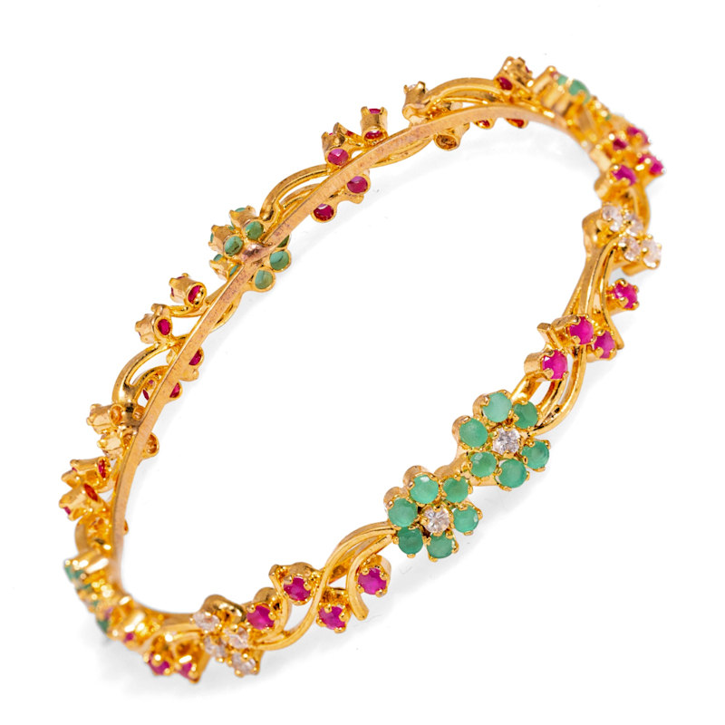 Thumbnail of Victorian Floral Emerald & Ruby Gemstone Bangle Bracelet - Multicolor image