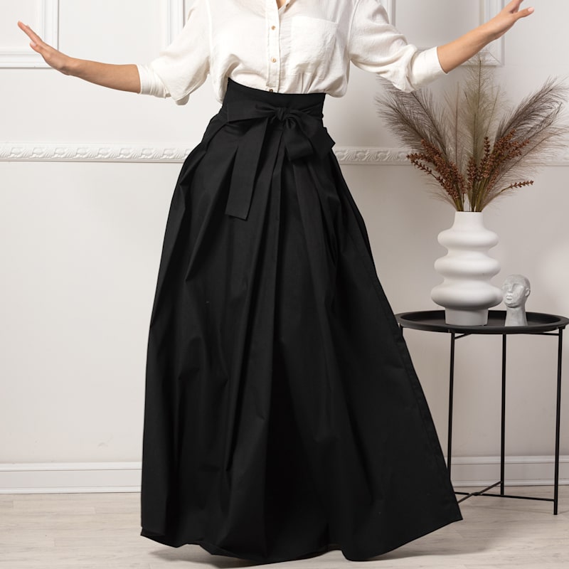 Thumbnail of Maxi Cotton Elegant Skirt With Front Bow & High Waist In Black image