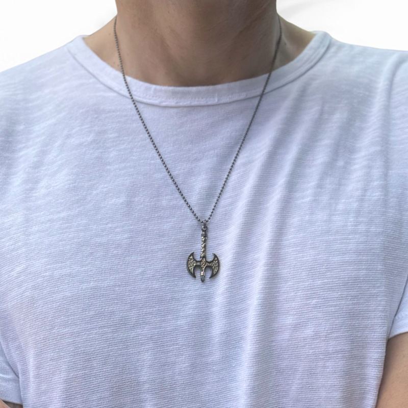 Thumbnail of Viking Axe Men Sterling Silver & Gold Pendant Chain Necklace - Gold image