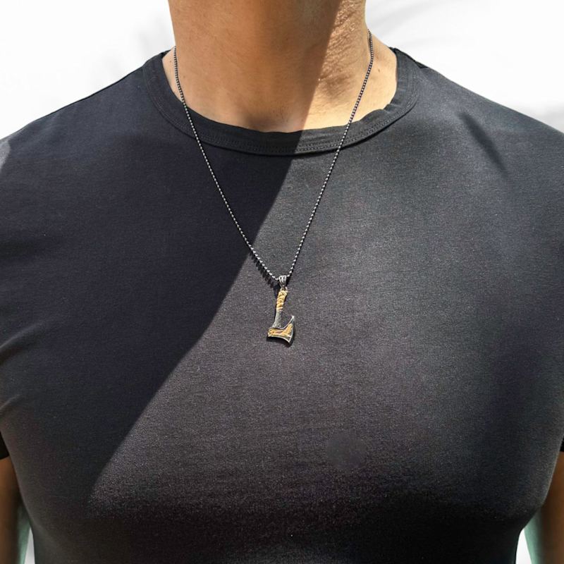 Thumbnail of Viking Warrior Axe Men Sterling Silver & Gold Pendant Chain Necklace - Gold image