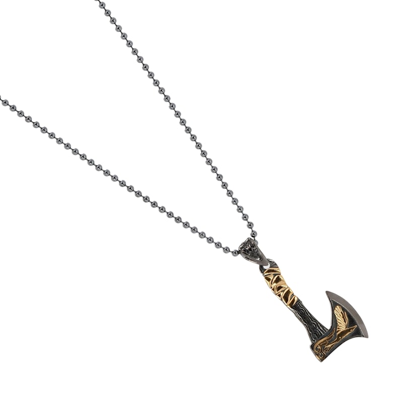 Thumbnail of Viking Warrior Axe Men Sterling Silver & Gold Pendant Chain Necklace - Gold image