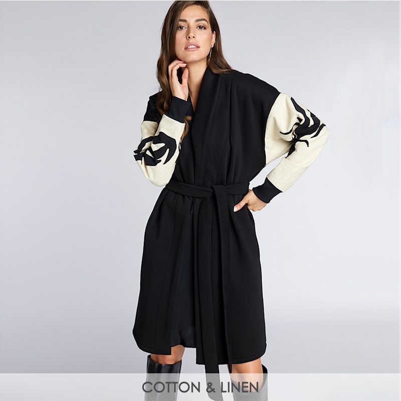 Thumbnail of Vilnius  Black & Beige  Embroidered  Cotton Adjustable  Statement Sleeves  Coat image