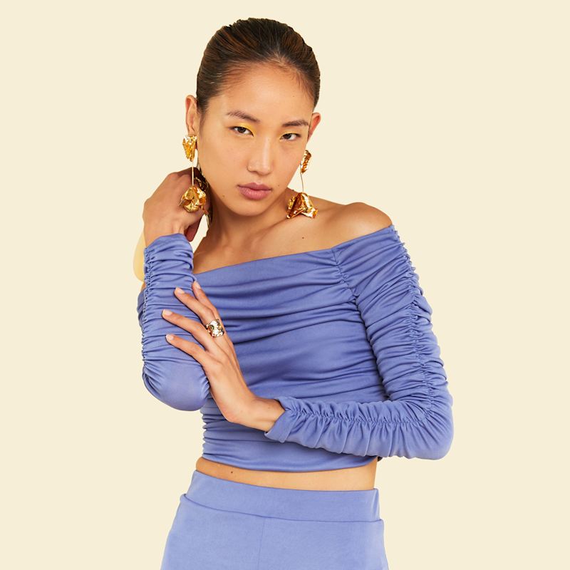 Thumbnail of Vinca Off Shoulder Top In Colony Blue image