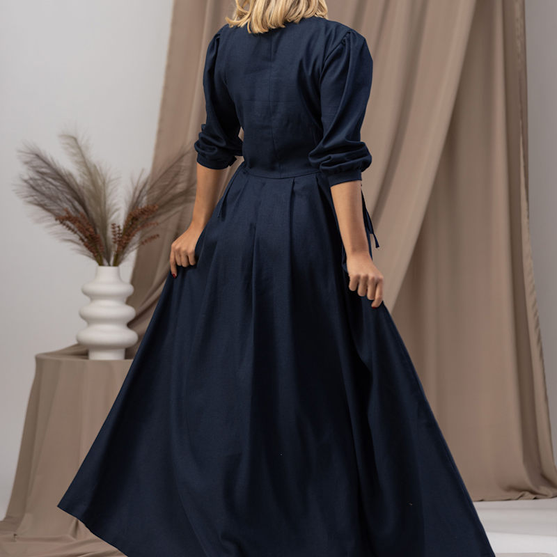 knee length dresses for ladies Vintage Floral Linen Cotton Maxi Dress – Puff Sleeve Wedding Floral / Custom Order