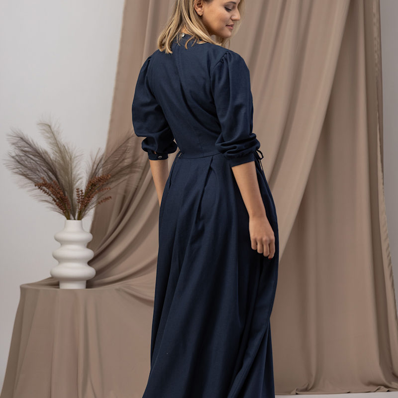 Thumbnail of Vintage Inspired Linen Dress With Puff Sleeves And Pockets In Dark Blue image