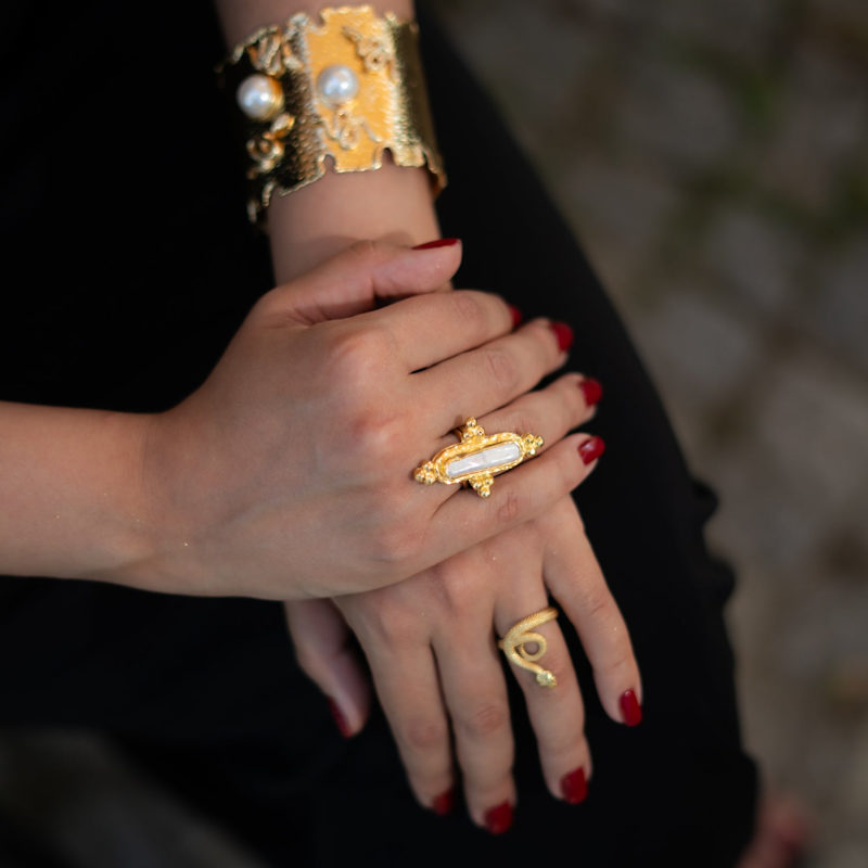 Thumbnail of Vintage Pearl Gold Statement Adjustable Ring - Gold image