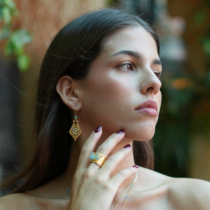 Thumbnail of Vintage Style Gold & Turquoise Design Dangle Earrings - Turquoise image