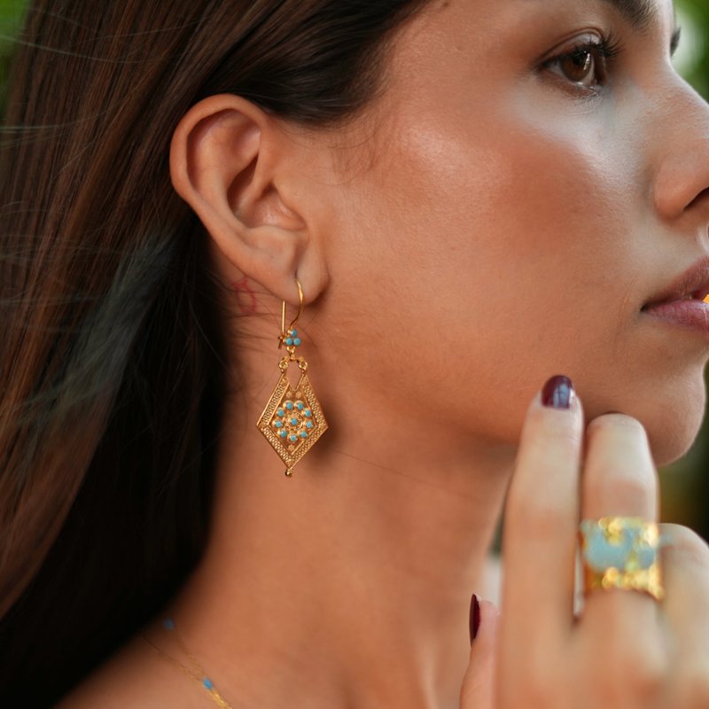 Thumbnail of Vintage Style Gold & Turquoise Design Dangle Earrings - Turquoise image
