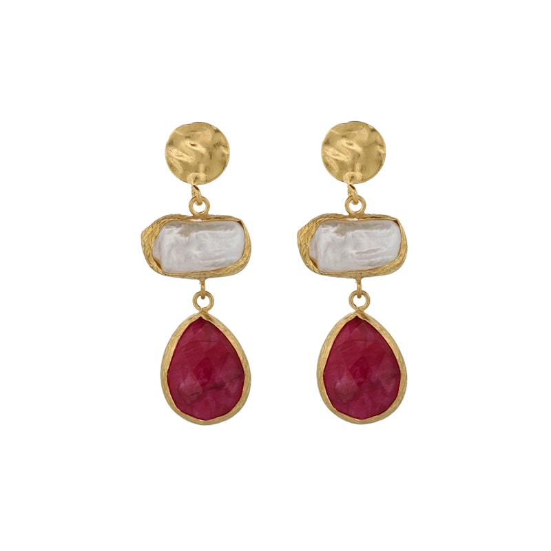 Thumbnail of Vintage Style Pearl & Ruby Gemstone Gold Earrings - Red image