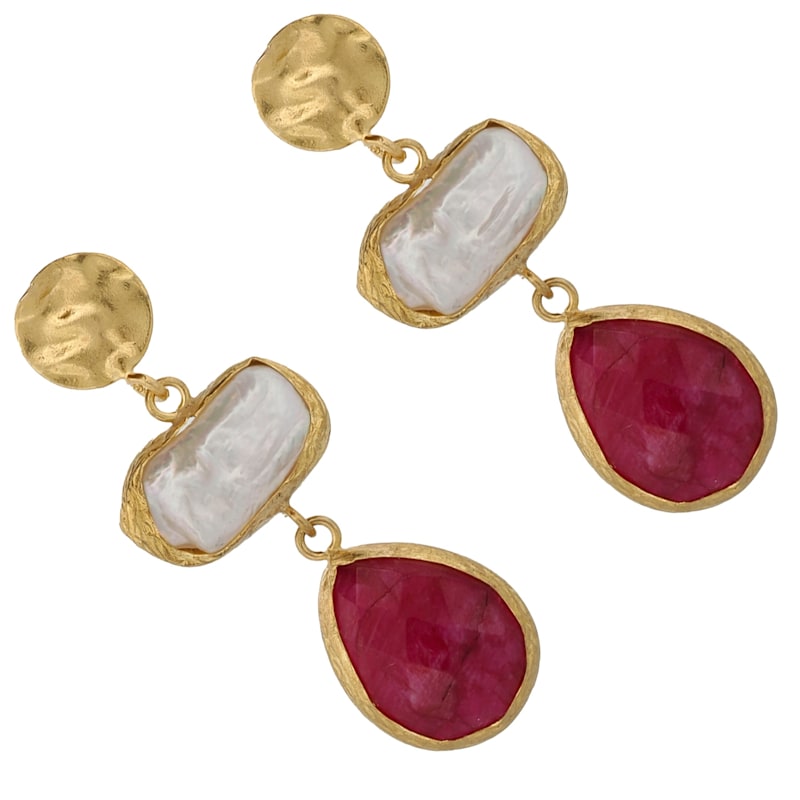 Thumbnail of Vintage Style Pearl & Ruby Gemstone Gold Earrings - Red image