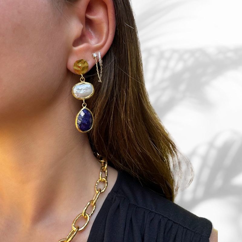 Thumbnail of Pearl & Sapphire Gemstone Gold Statement Earrings - Blue image